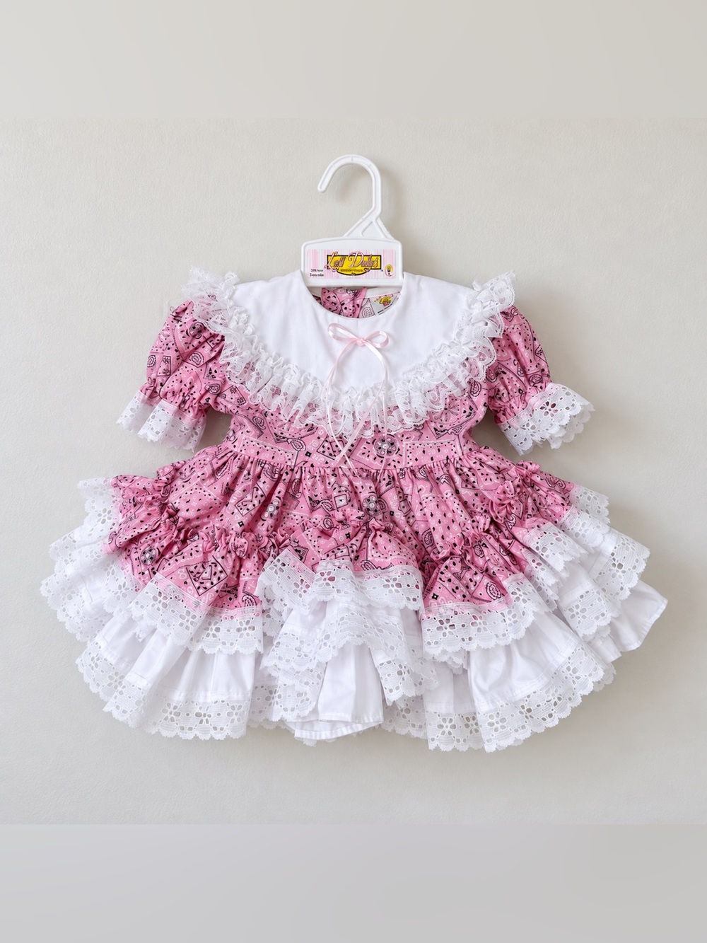NWT Lid’l Dolly’s Baby Dress 13-15 Lbs Pink Bandana Lace Ruffle Southern Belle